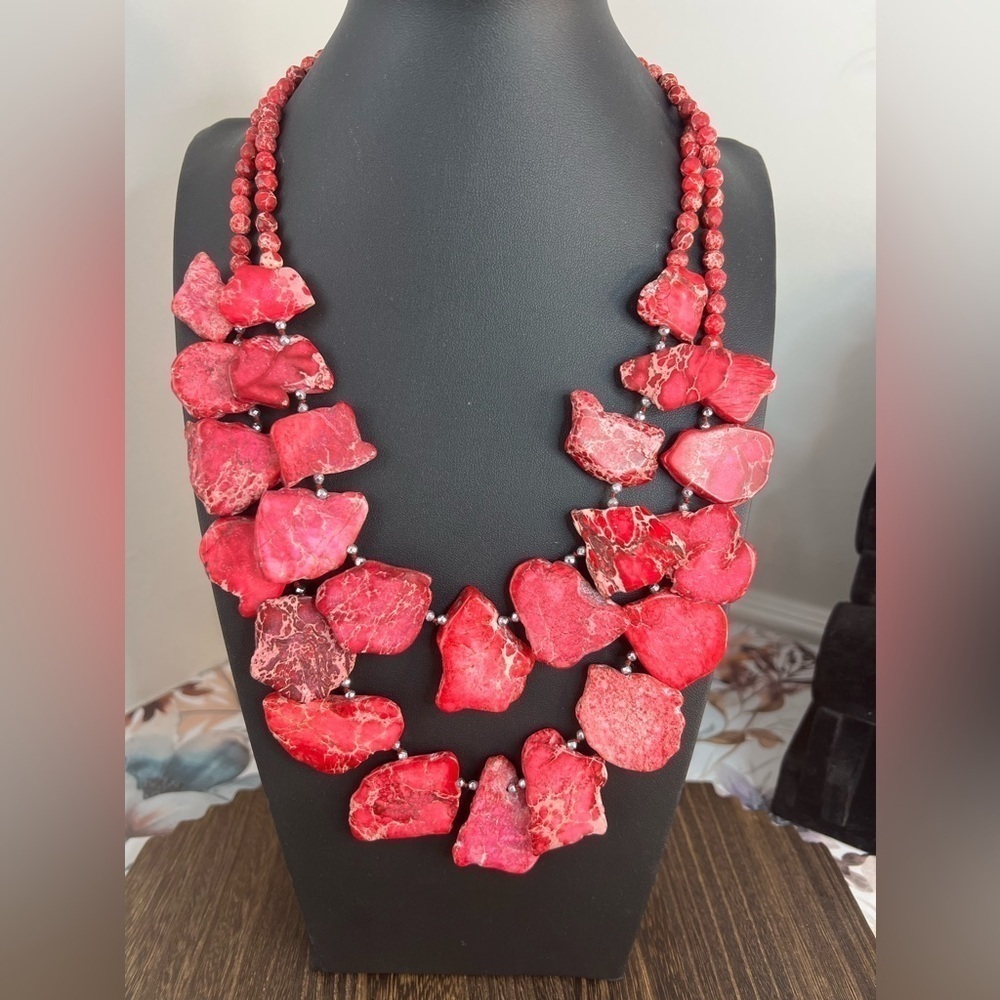 Lucas Lameth Pink/Red Sea Sediment Imperial Jasper Stone Statement Necklace D2